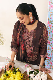 Wine Pure Premium Organza Jacquard Digital Print Dress